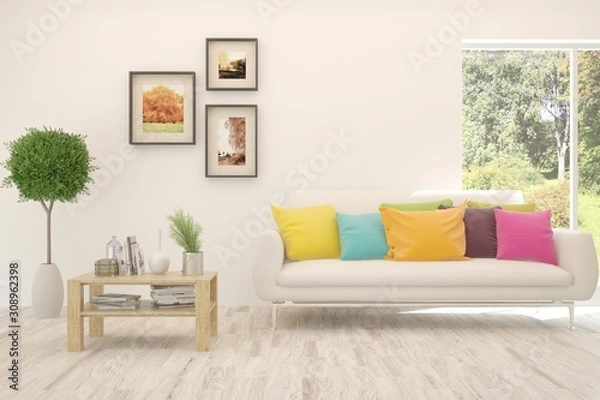 Fototapeta Stylish room in white color with sofa and summer landscape in window. Scandinavian interior design. 3D illustration