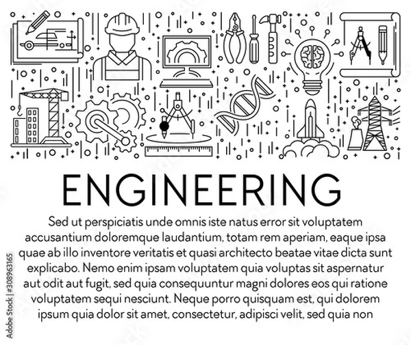 Fototapeta Engineering banner template with graphic linear icons and text
