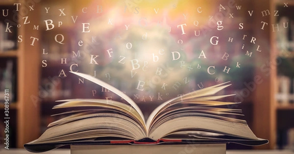 Obraz The concept of education by planting a tree of knowledge in the opening of an old book in the library and the magical magic of light that flies to the destination of success. Beautiful background