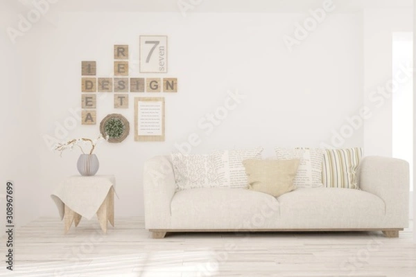 Fototapeta Stylish room in white color with sofa. Scandinavian interior design. 3D illustration
