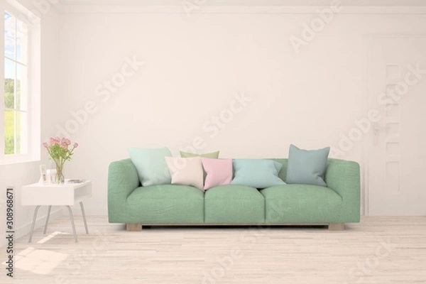 Fototapeta Stylish room in white color with sofa. Scandinavian interior design. 3D illustration