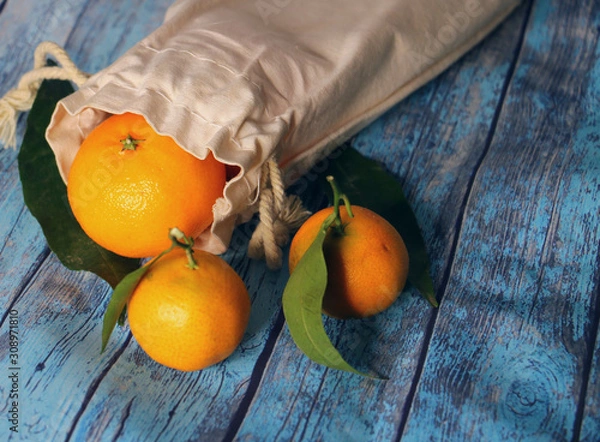 Obraz fresh tangerines in organic fabric package isolated on blue background