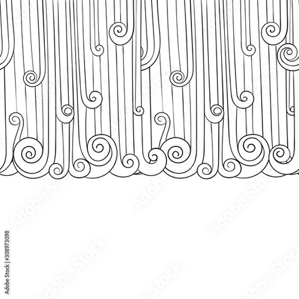 Fototapeta Doodle bez szwu granicy z opadami deszczu lub falami morskimi. Kreatywna ilustracja przedstawia pory roku i deszczową pogodę. Łatwa zmiana kolorów.