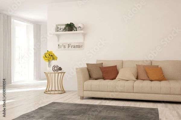 Fototapeta Stylish room in white color with sofa. Scandinavian interior design. 3D illustration