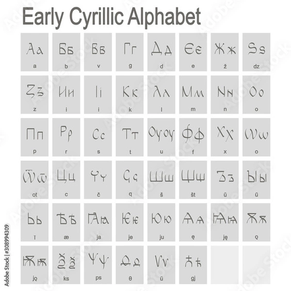 Fototapeta Set of monochrome icons with Early Cyrillic alphabet