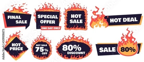 Fototapeta Gorące odznaki sprzedaży. Baner ognia, gorąca cena i promocja oferują płonącą ramkę etykiety. Symbole sprzedaży w sklepie, ulotka z ceną zakupów lub promocje detaliczne palą ceny. Zestaw znaków na białym tle wektor
