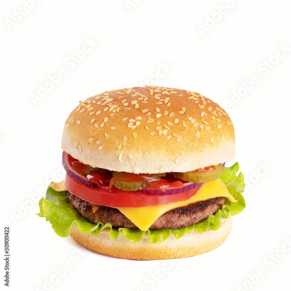 Fototapeta Tasty burger with cheese isolated on white background