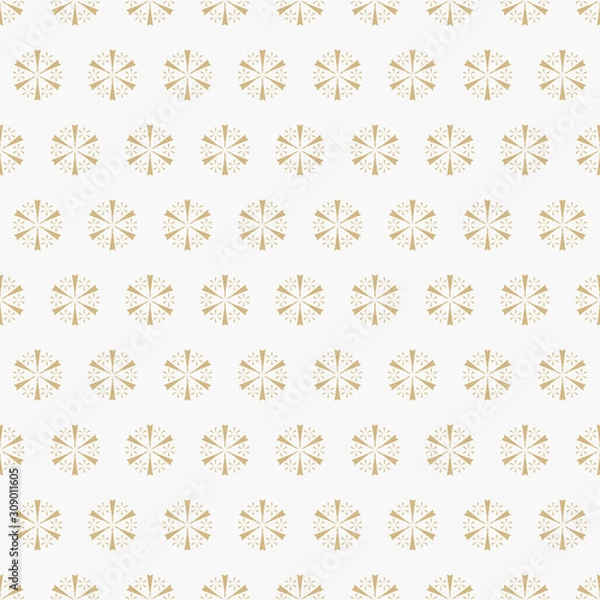 Fototapeta Golden geometric snowflakes seamless pattern. Luxury vector Christmas background with small gold snow flakes on white backdrop. Winter holidays texture. Elegant design for decor, print, package, web