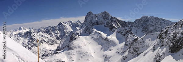 Obraz Tatry ZIma - Widok ze Szpiglasowej Przełęczy na Tatry Wysokie : Rysy, Lodowy Szczyt, Mięguszowiecki Szczyt, czarny Staw, Koprowy, Szczyt