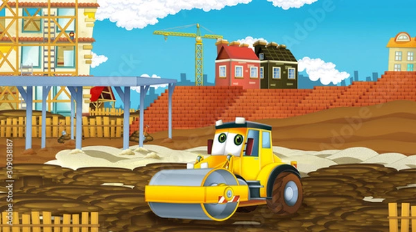 Fototapeta cartoon scene with industry cars on construction site - illustration for children