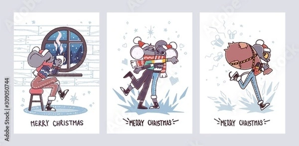 Fototapeta Set of Christmas cards with cute cartoon mice in vector. Funny and happy new year of mouse or rat. Chinese symbol 2020 new year.