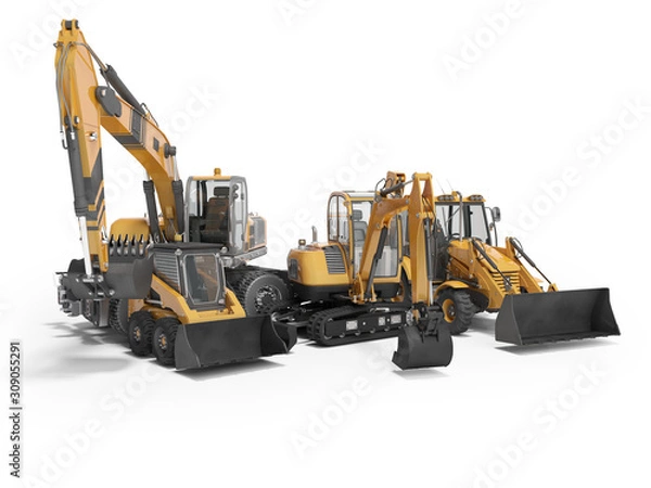 Fototapeta Concept group of construction machinery excavator mini loader 3D rendering on white background with shadow