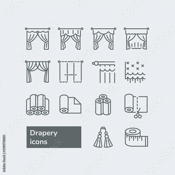 Obraz Elements for drapery and curtain shop. Vector line icons with drapes. Different styles of draperies, curtains and tulle.