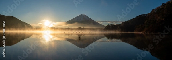 Fototapeta 日の出と富士山　放射霧に包まれ　パノラマ