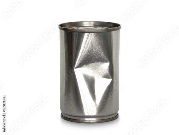 Obraz clipping path, crumpled tin can isolated on white background