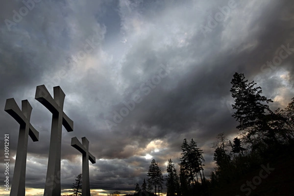 Fototapeta Good Friday Easter Day Crosses Clouds Trees Background