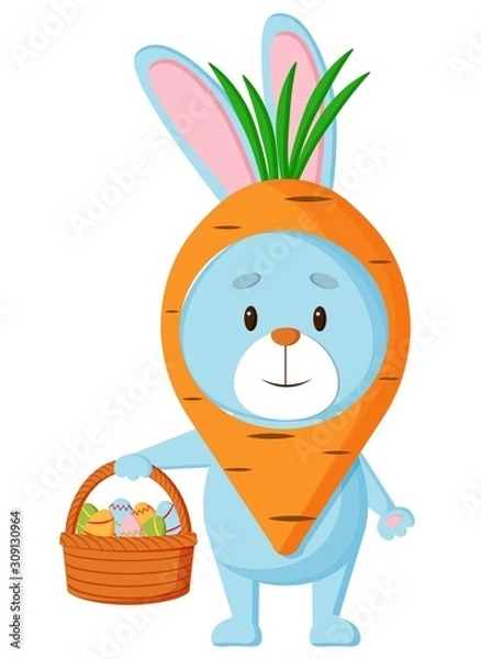 Fototapeta Cute illustration of an Easter Bunny in a carrot costume with a basket in his hands. The Holiday Of Easter. Children's illustration. Isolated on white background.