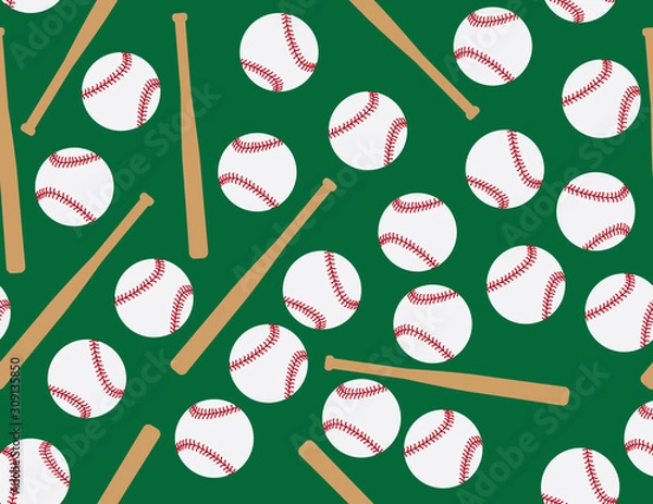 Obraz White Green Red Brown Baseball Balls and Bats Pattern