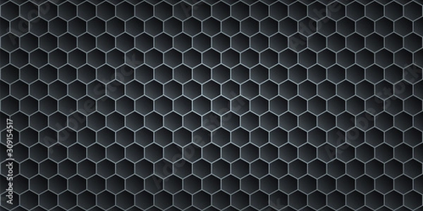 Fototapeta Black metallic abstract background, perforated steel hexagon mesh. Dark mockup for cool banners, vector illustration.