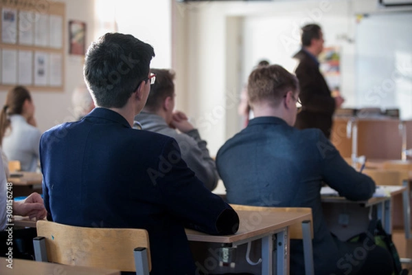 Fototapeta group of middle school students studying in classroom