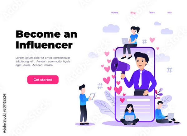 Fototapeta Flat vector style illustration with characters - influencer marketing concept - blogger promotion services, goods for followers online. Social media influencer shouting in megaphone from smartphone.