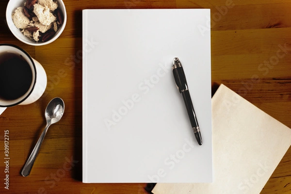 Obraz Mockup of cover of catalog, magazines or book. Coffee, spoon and icecream in background.