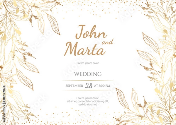 Fototapeta Zaproszenie na ślub ze złotymi kwiatami. tło z geometrycznej złotej ramie. Projekt okładki z ornamentem w złote liście. Modne szablony na baner, ulotkę, plakat, powitanie. eps8
