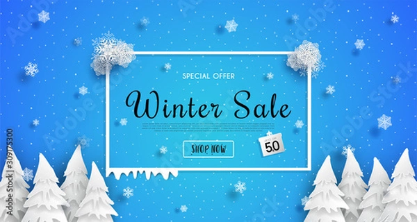 Fototapeta Winter sales banner design. with a seasonal cold weather.and concept winter advertising. and for shopping discount promotion.and frame leaflet or web banner.and used as illustration or background.