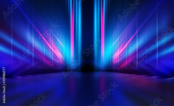 Fototapeta Puste ciemne abstrakcyjne tło. Tło pustej sceny pokazowej. Blask neonowych świateł na pustym miejscu koncertu. Odbicie światła na chodniku.