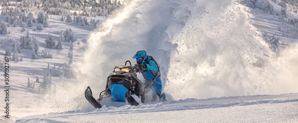 Obraz Pro snowmobiler makes a turn and lets a flurry of snow spray from under the caterpillar. sports snowmobile in the mountains. bright skidoo motorbike and suit without brands. Winter fun moto extreme