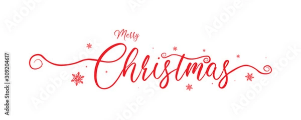 Fototapeta Merry christmas red calligraphy to winter holiday design with snowflake design, vector illustration.