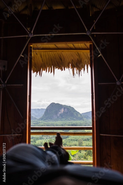 Obraz mountain view from cottage house door