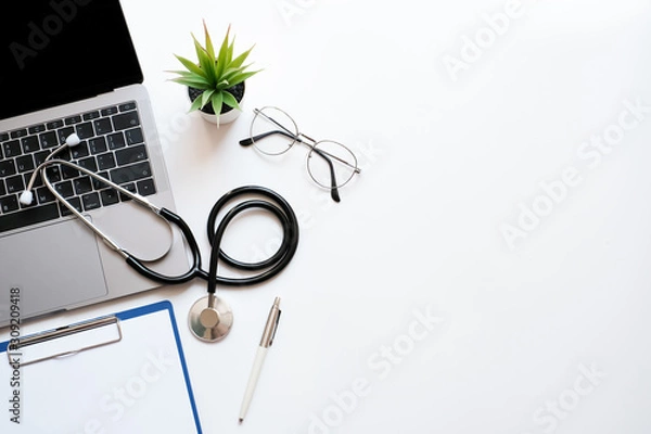 Fototapeta Work space medical technology and healthy concept on modern white table desk with stethoscope and laptop computer, supplies, Top view with copy space, Flat lay