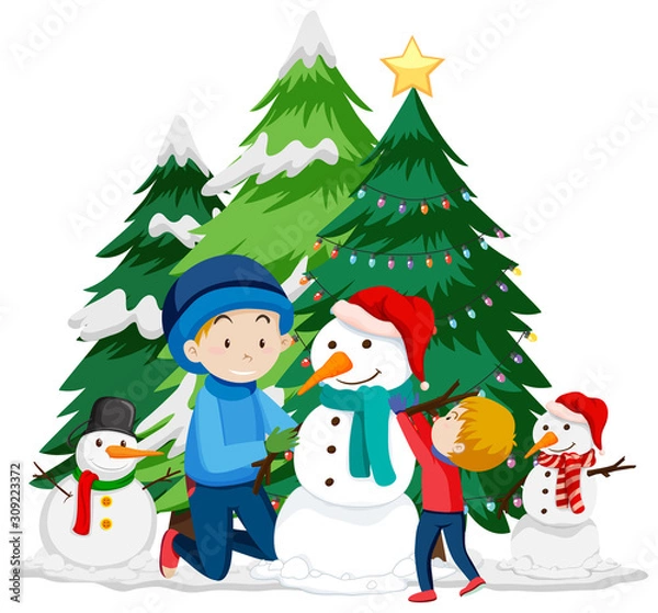 Fototapeta Christmas theme with kids and snowman