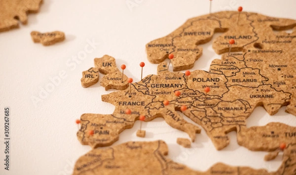 Fototapeta Cork map of central Europe with red pins