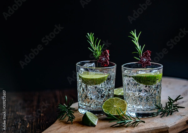 Obraz Ideas of winter drinks from gin and tonic for the new year. A bottle of gin and water tonic on a wooden table