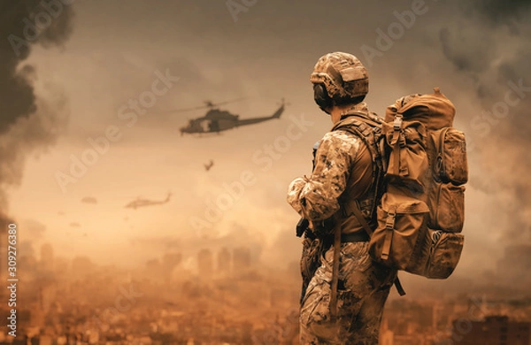 Fototapeta Wojskowy helikopter i siły w zniszczonym mieście i żołnierze lecą ze spadochronem