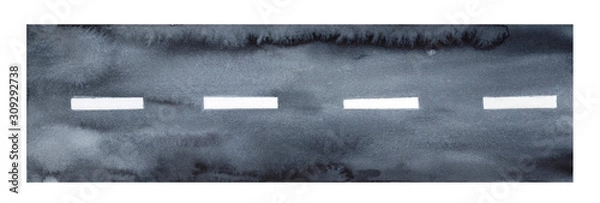 Fototapeta Black and white grungy road with artistic stains, gradients and brush stroke marks. View from above. Hand painted watercolor illustration, isolated element for design, modern poster, banner, print.