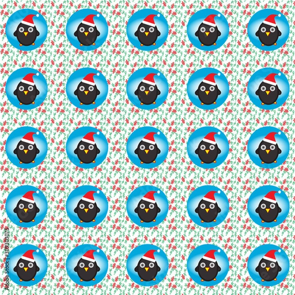 Fototapeta Pattern design Penguins On Red Flowers Background Vector Illustration
