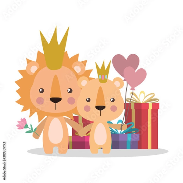 Obraz Cute lion and lioness cartoon vector design
