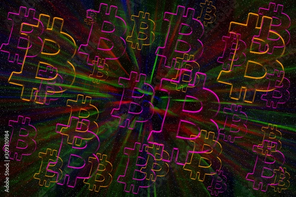 Fototapeta An abstract psychedelic repeating Bitcoin symbol background image.