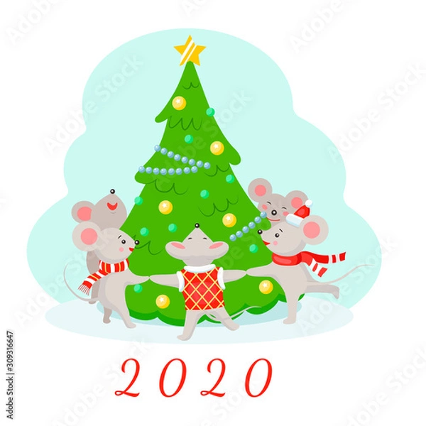 Fototapeta Illustration of new year 2020 mouse. Mice dance around the Christmas tree. Flat style.