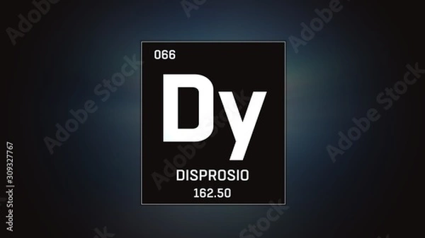 Obraz 3D illustration of Dysprosium as Element 66 of the Periodic Table. Grey illuminated atom design background with orbiting electrons. Name, atomic weight, element number in Spanish language