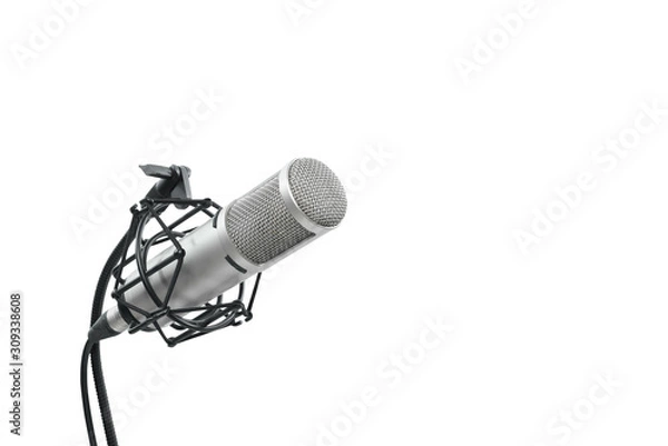 Fototapeta High quality condencer microphone with clipping path. Close up of high fidelity microphone hanging  on holder isolated on white background for youtuber and vlogger.