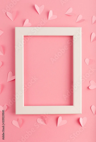 Fototapeta pink pastel background with white frame and hearts