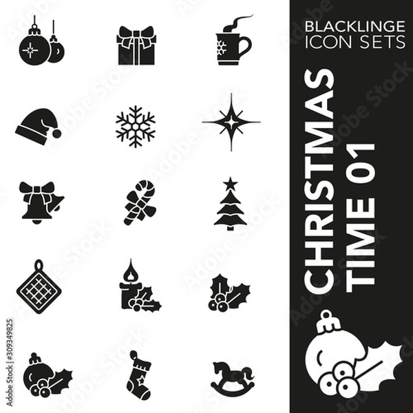 Fototapeta High quality black and white icons of christmas time. Blacklinge are the best pictogram pack unique design for all dimensions and devices. Vector graphic, logo, symbol and website content.