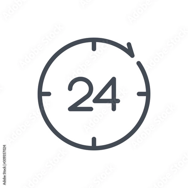 Fototapeta 24 hours support service line icon. Refresh clock and watch with 24 vector outline sign.