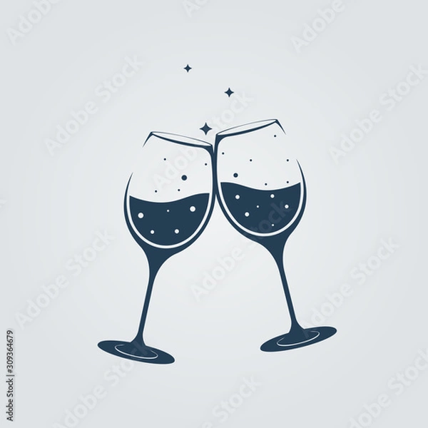 Obraz Two champagne glasses clink in toast. Vector illustration flat design. Isolated on white background. The symbol of the bar and restaurant. Celebrating an anniversary or birthday.