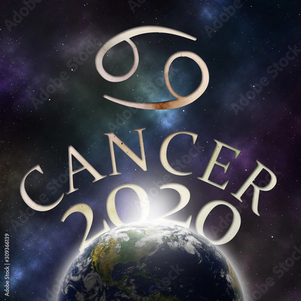 Fototapeta Symbol of the zodiac sign Cancer and its name with the year 2020 appearing behind the earth with stars and the universe in the background
