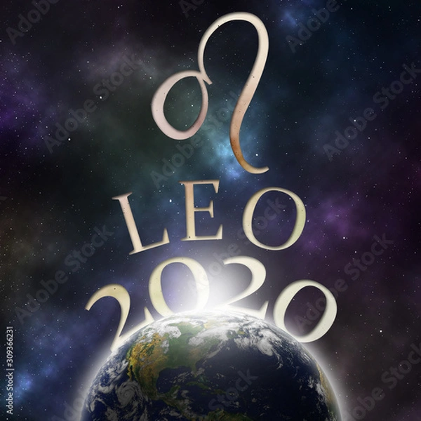 Fototapeta Symbol of the zodiac sign Leo and its name with the year 2020 appearing behind the earth with stars and the universe in the background